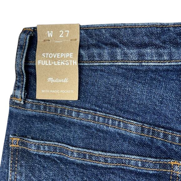 Madewell SZ 27 Stovepipe Full-Length Jeans Hi-Rise Zip-Fly Pocket Whiskered Blue - Picture 8 of 11